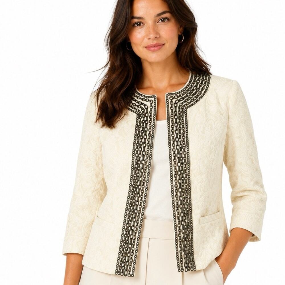 Vintage Size 6 Women's Brocade Blazer Jacket Brass Chain Details Formal Cream